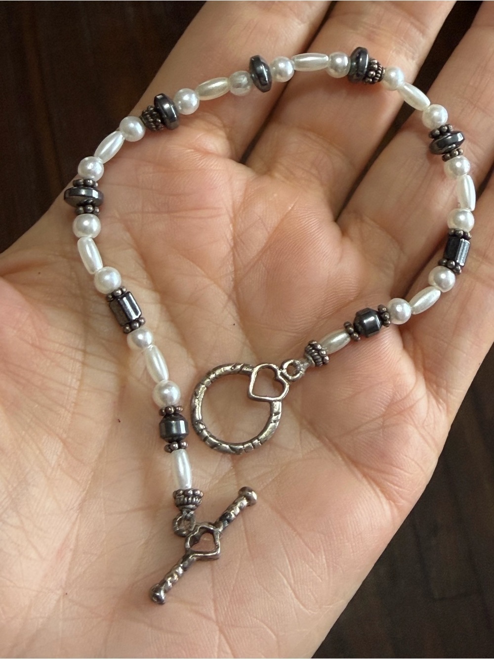 Vintage faux Pearl & Hematite Beaded Bracelet